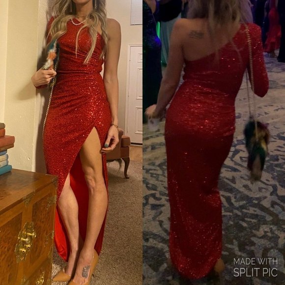 Fashion Nova Dresses Fashion Nova One Sleeve Red Sequin Ruched High Low Hem Formal Maxi